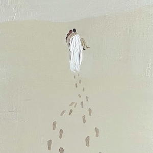 May include: An abstract painting depicts two figures walking, rendered in textured brushstrokes. The figures are wrapped in a white cloth, with brown and black details. Footprints lead away from them across a beige background.