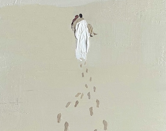 Pintura original de pegadas na areia, Jesus carrega uma mulher, arte cristã minimalista.