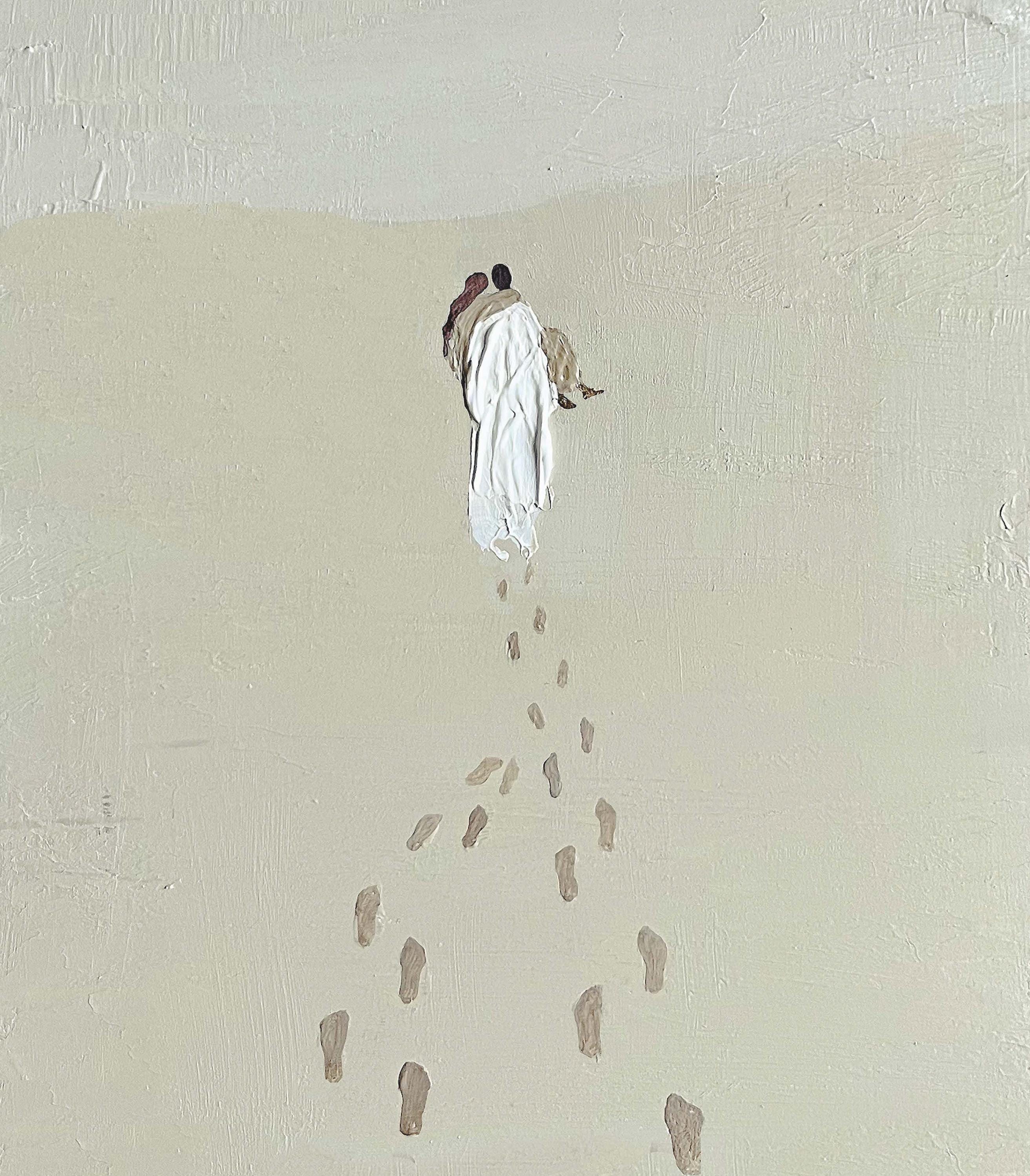 Original christian painting, Jesus footprints on the sand painting, minimalist christian art, neutral christian painting