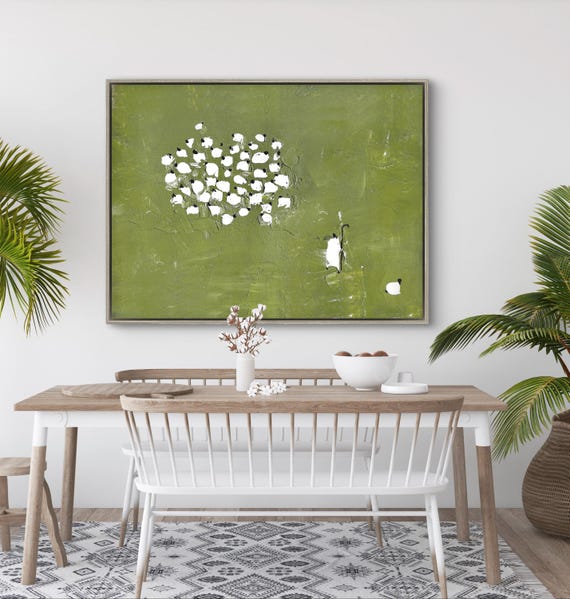 Jesus painting, Original christian painting, Jesus Leaves the 99, Horizontal green painting, minimalist wall art