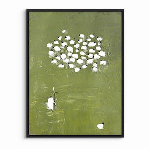 May include: Abstract artwork featuring a flock of sheep against a textured green backdrop. The sheep are painted with white bodies and black heads. A single sheep and a shepherd's crook are also present.