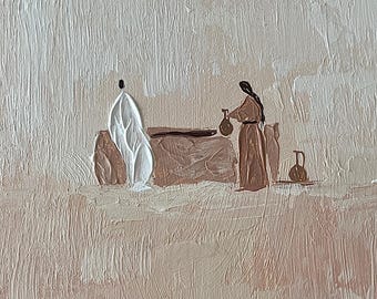 Peinture femme au puits, art biblique original, décoration chrétienne