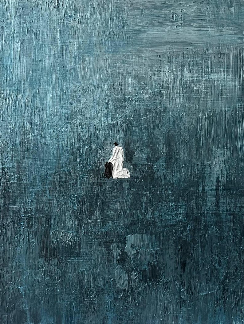 May include: An oil painting on canvas featuring a heavily textured, deep teal and blue background with thick, visible brushstrokes. In the center, a small, solitary figure is depicted kneeling, wearing a white garment with dark accents.