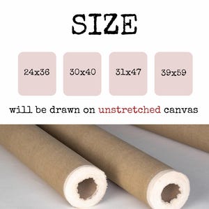 Pode incluir: A imagem apresenta a palavra "TAMANHO" acima das op&ccedil;&otilde;es de tamanho: 61x91 cm, 76x102 cm, 79x119 cm e 99x150 cm. O texto "ser&aacute; desenhado em tela sem esticar" tamb&eacute;m est&aacute; presente. Tela enrolada vis&iacute;vel.