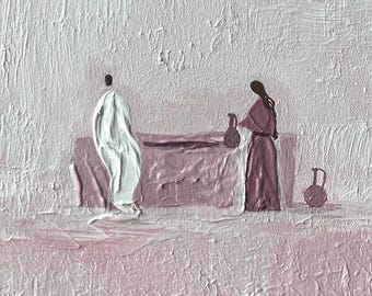 Woman at the well hand painting, ORIGINAL ART, baptism decor, pink art, Jesus and woman, christian pink modern art