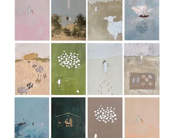 Jesus leaves the 99 digital print, Jesus footprints on the sand painting, Woman touches Jesus, John the baptist Jesus, Peter walks on water