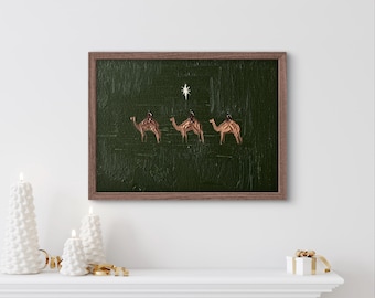 Tableau nativité des trois sages, art chrétien aux tons neutres
