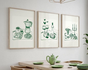 Franse ontbijtkunstprintset | Groene keukendecoratie