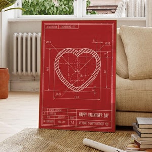 Valentine&#39;s Day Love Print | Engineering Love | Retro Romantic Couple&#39;s Decor | Red Heart | Technical Drawing | Funny Ways To Say I Love You
