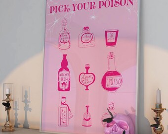 Pick Your Poison Halloween Print | Pink Potion Bottles Art (Digital Download)
