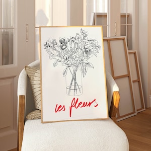 Cartel de Les Fleurs dibujado a mano / Arte moderno de pared neutral / Flores de pradera en un jarrón / Decoración de pared estética roja negra