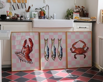 Seafood Kitchen Prints Set | Lobster, Crab & Fish Wall Art