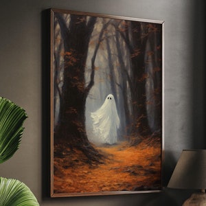 Halloween-Geist in Herbstlandschaft zum Ausdrucken | Digitaler strukturierter Gemälde Druck | Halloween nebligen Wald Wand Kunst | Gruselige Dekoration