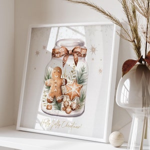 Druckbares quadratisches Weihnachtsposter | Beige Weihnachtskarte | Holly Jolly Christmas Lebkuchen-Keksmann-Glas mit Schleife | Festliche Dekoration