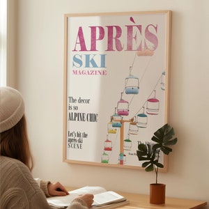 May include: A vintage-style magazine cover with the title "APRÈS SKI MAGAZINE". The cover features a colorful illustration of a ski lift with gondolas against a white background. The text "The decor is so ALPINE CHIC" and "Let's hit the après-ski SCENE" is also featured on the cover.