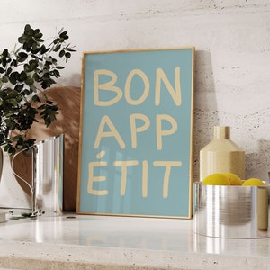 French Bon Appétit Quote Print | Kitchen or Dining Room Wall Art | Pastel Blue Modern Poster