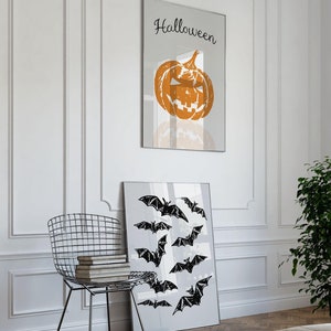 Printable Halloween Set of 2 | Scary Pumpkin Print | Halloween Bats Wall Decor | Black White Orange Spooky Season Decor