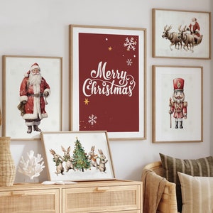 Conjunto de 5 pôsteres de Natal para impressão | Feliz Natal | Papai Noel e Rena | Árvore de Natal Vintage Quebra-Nozes Impressão Festiva