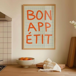 Poster stampabile con citazione francese Bon Appétit / Arte murale per cucina o sala da pranzo / Stampa moderna arancione vibrante