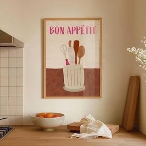 French Bon Appétit Quote Print | Kitchen or Dining Room Wall Art | Beige Neutral Modern Poster | Vibrant Kitchen Decor | Kitchenware
