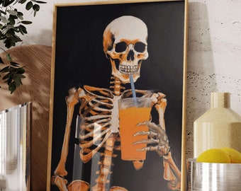 Halloween Skeleton Pumpkin Juice Print | Spooky Kitchen Art (Digital Download)