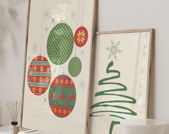 May include: Two framed prints with a Christmas theme. The first print features a green, red, and white patterned Christmas ornament. The second print features a green Christmas tree.