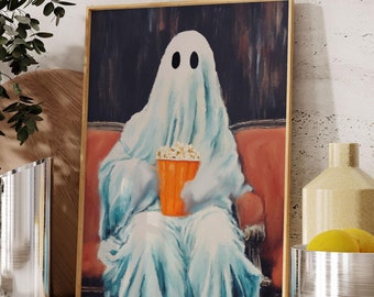 Halloween Ghost Eating Popcorn Art Print | Spooky Movie Decor (Digital Download)