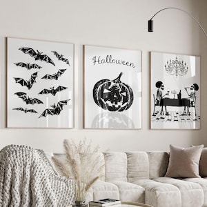 Printable Halloween Set of 3 | Drinking Skeletons | Scary Pumpkin | Bats | Black and White Spooky Season Decor | Vintage Halloween Prints