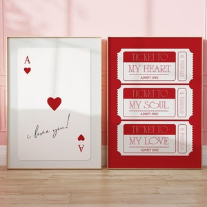 Juego imprimible de 2 carteles del Día de San Valentín / Impresión retro de boletos de amor rojos / Tarjeta de as de corazones con cita romántica "Te amo"