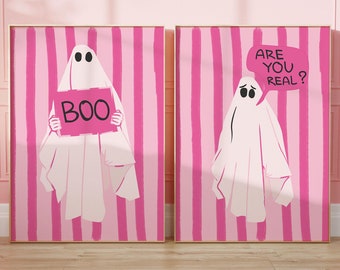 Pink Halloween Ghost Print Set | Spooky Preppy Wall Art (Digital Download)