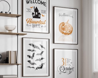 Spooky Halloween Print Set | Haunted House, Bats Decor (Digital Download)