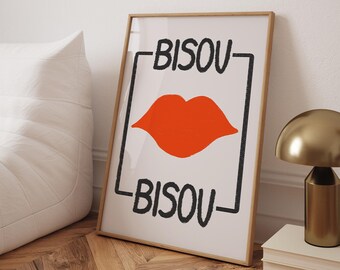 Bisou-lippen citaat print | French Kisses-typografie (digitale download)