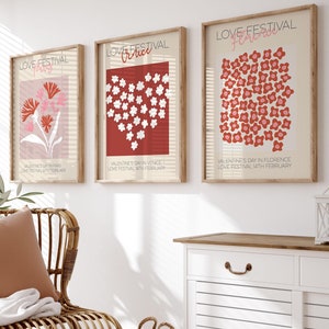 Printable Set of 3 Valentine&#39;s Day Posters | Red Pink Love Festival Prints | Paris Venice Florence | Romantic Heart and Flowers