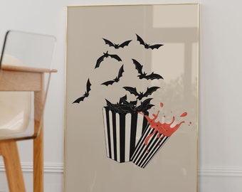 Spooky Halloween Popcorn Bats Print | Beige Halloween Decor (Digital Download)