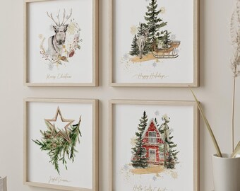 Set de láminas navideñas en acuarela / Cabaña navideña, renos (Descarga digital)