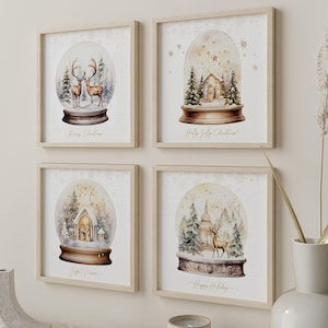 Conjunto de 4 pôsteres quadrados de Natal para impressão | Arte de parede de Natal bege | Bola de neve com cenário de inverno, cena de presépio de rena | Decoração festiva