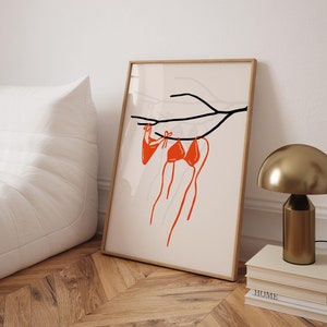 Summer Red Bikini Poster | Bikini hanging on a Branch Wall Art | Laundry Dorm Room Decor | Modern Costal Beach Print