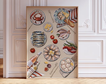 Seafood Dinner Table Poster | French Kitchen Wall Art