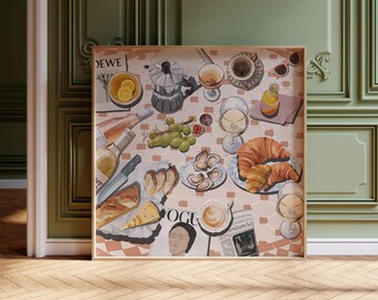 French Breakfast Art Print | Wine, Cheese, Croissants Kitchen Wall Decor
