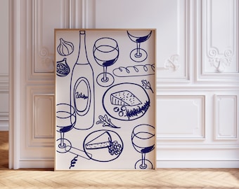 Wine and Cheese Hand Drawn Poster | French Kitchen Art