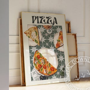 May include: A framed print with the word "Pizza" in a retro font. The print features a green and white tiled background with three slices of pizza on plates. The pizza has a variety of toppings, including mushrooms, tomatoes, and cheese.