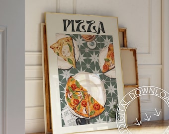 May include: A framed print with the word "Pizza" in a retro font. The print features a green and white tiled background with three slices of pizza on plates. The pizza has a variety of toppings, including mushrooms, tomatoes, and cheese.