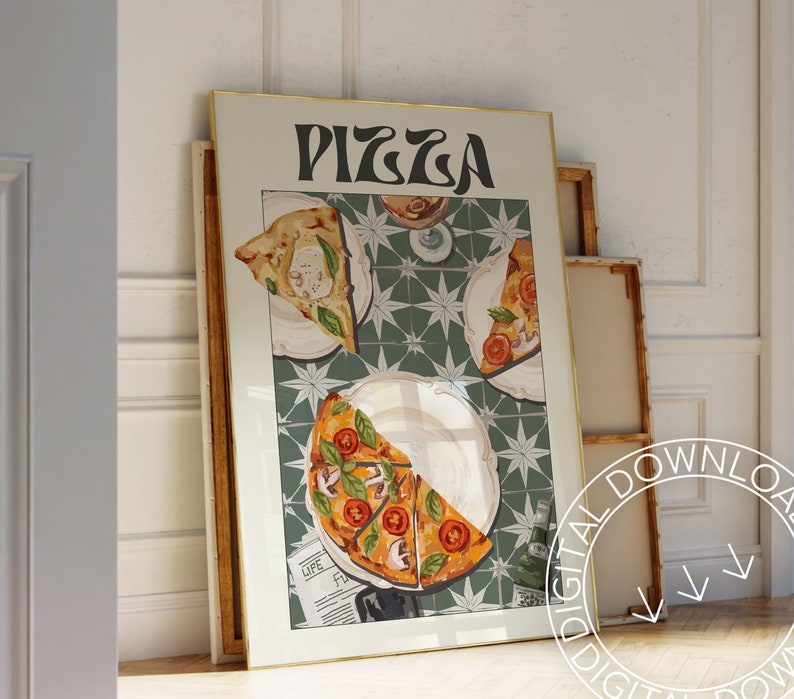 May include: A framed print with the word "Pizza" in a retro font. The print features a green and white tiled background with three slices of pizza on plates. The pizza has a variety of toppings, including mushrooms, tomatoes, and cheese.