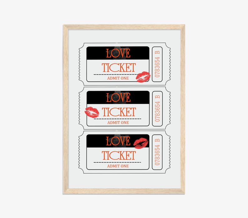 May include: Three black and white tickets with the words "LOVE TICKET" and "ADMIT ONE" printed on them. Each ticket has a red lipstick kiss mark and the number "0783654 B" printed on the side.