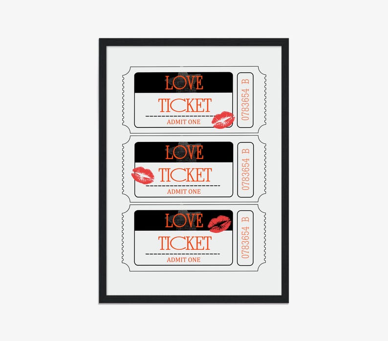 May include: Three black and white ticket stubs with the words "LOVE TICKET" and "ADMIT ONE" printed on them. Each ticket has a red lipstick kiss mark and the number "0783654 B" printed on the side.