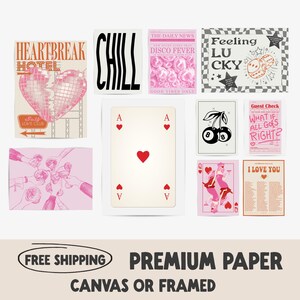 Lot de 10 affiches esthétiques BCBG | Impressions rouge rose pour dortoir | Ace Card Lucky Cherry Guest Check Cheers et impression de journal
