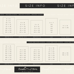 Puede incluir: Un gr&aacute;fico que muestra diferentes tama&ntilde;os para impresiones en pulgadas y cent&iacute;metros. El gr&aacute;fico est&aacute; etiquetado como "Size Info" e incluye proporciones de 2:3, 3:4 y 4:5. El gr&aacute;fico tambi&eacute;n incluye tama&ntilde;os ISO. El gr&aacute;fico es de "cust som Designs".