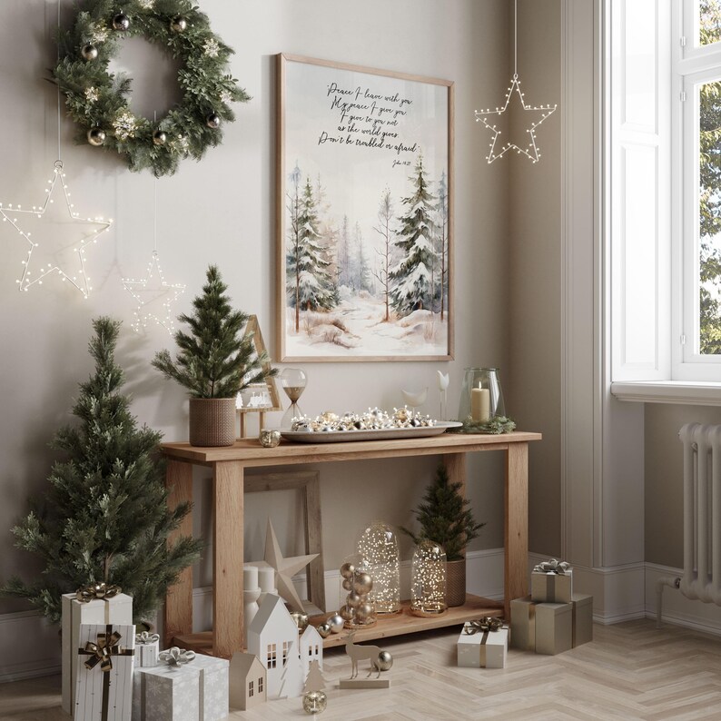 Printable Winter Scenery Poster Light Neutral Forest Landscape Merry White Christmas Trees With