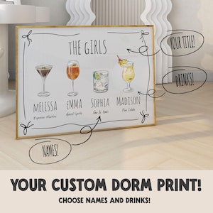 Custom Dorm Roommate Drink Print | Personalized Horizontal Girls Cocktail | College Apartment Custom Bar Cart | Printable Roomies Art