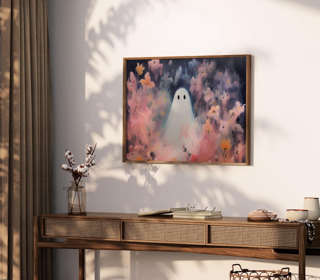 Printable Halloween Ghost in a Pink Meadow | Digital Textured Painting ...